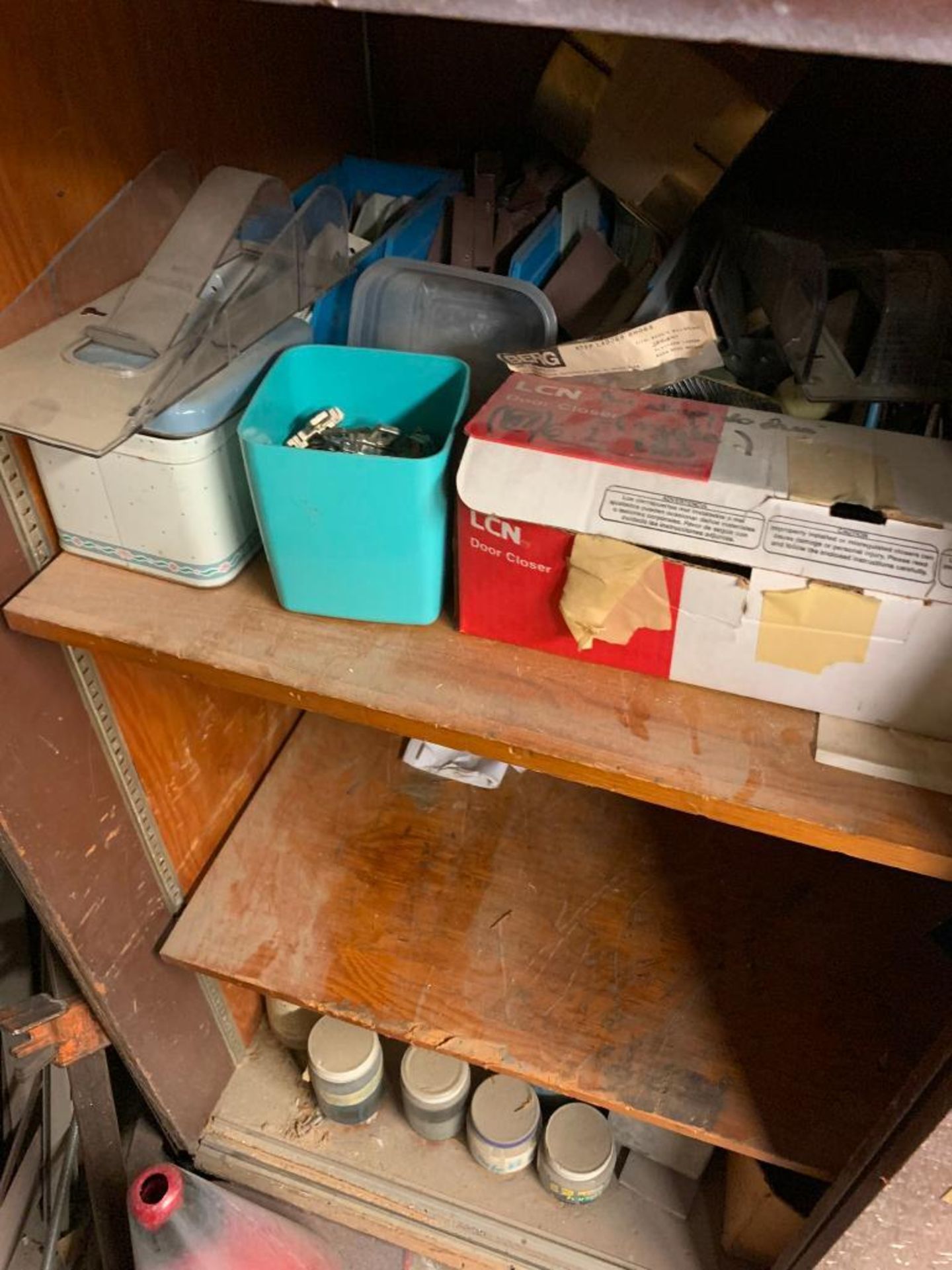 Remaining Contents of Wood Shop; Shelves, Wood Cabinets & Lockers w/ Hardware, Hand Tools, Brackets, - Image 6 of 34