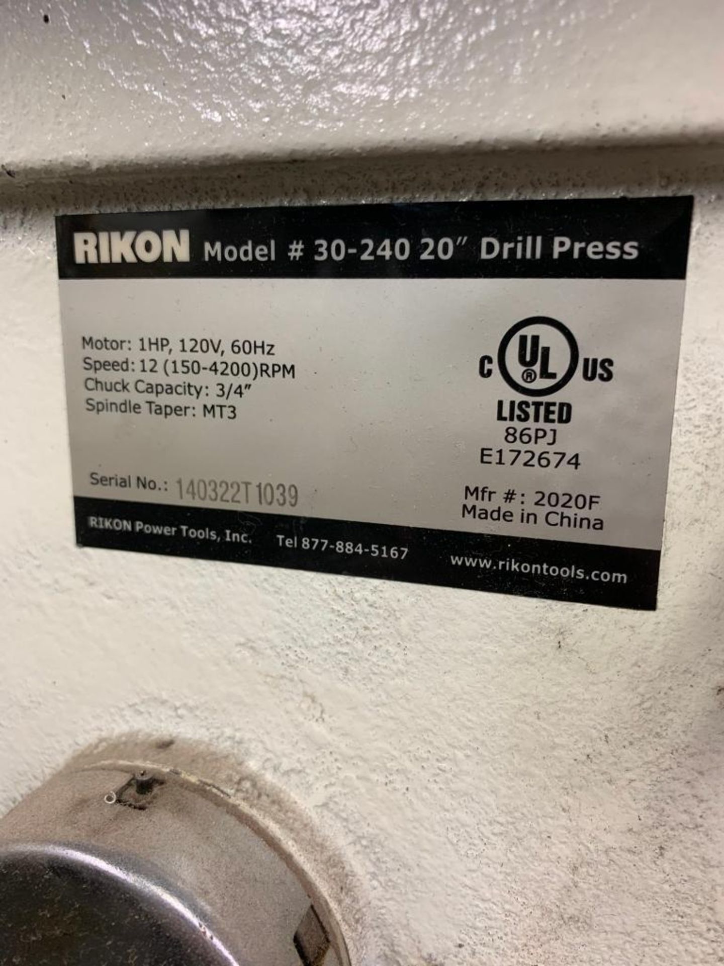 Rikon 20" Drill Press, 1-HP, 120 V, 150-4200 RPM, S/N 140322T1039 - Image 4 of 4