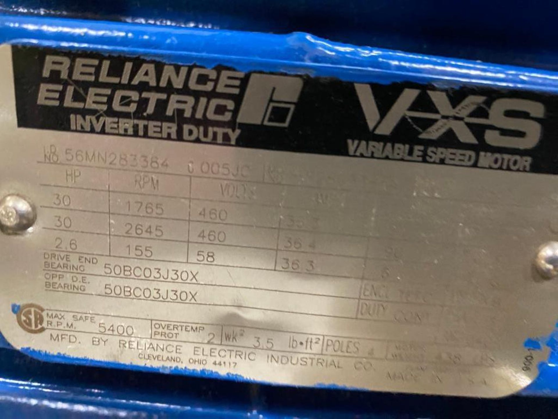 Reliance VXS 30 HP Electric Motor, 1765-2645 RPM, 460 V, 286T Frame, 60 Hz - Image 2 of 2