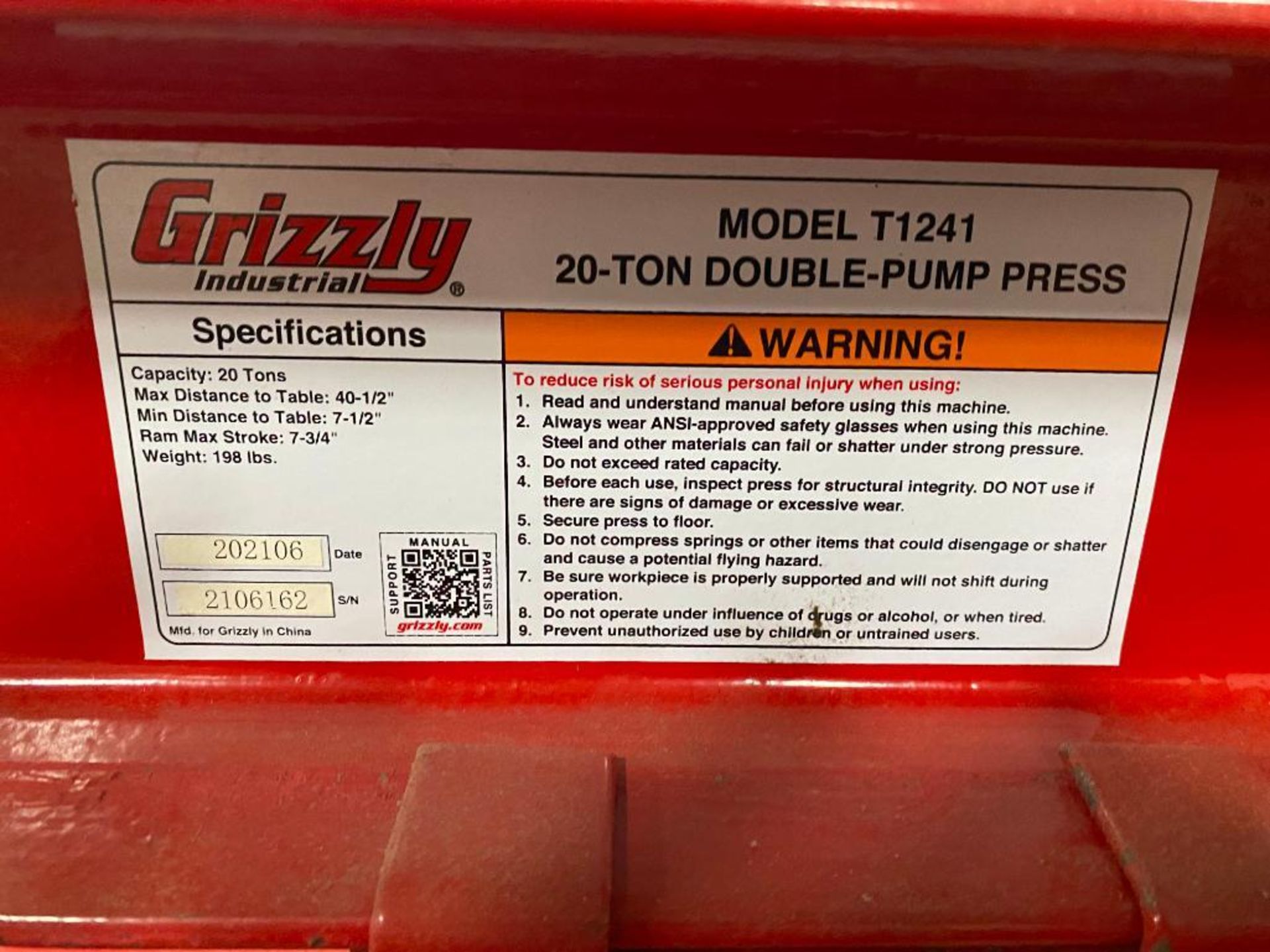 2021 Grizzly 20-Ton Hydraulic Shop Press, Model T1241, S/N 2106162 - Image 2 of 2