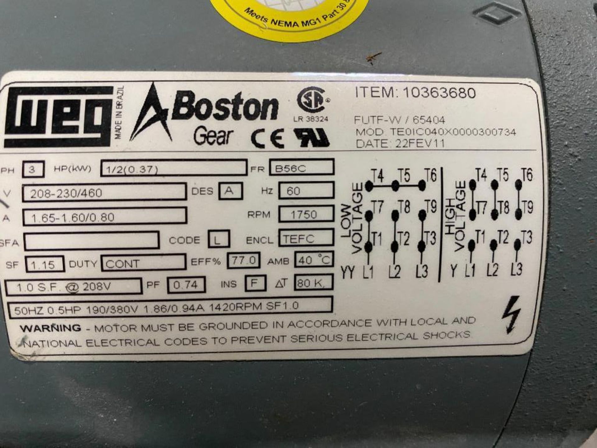 Weg Electric Motor, 208-230/460, 60 Hz, 1750 RPM, B56C Frame - Image 2 of 2