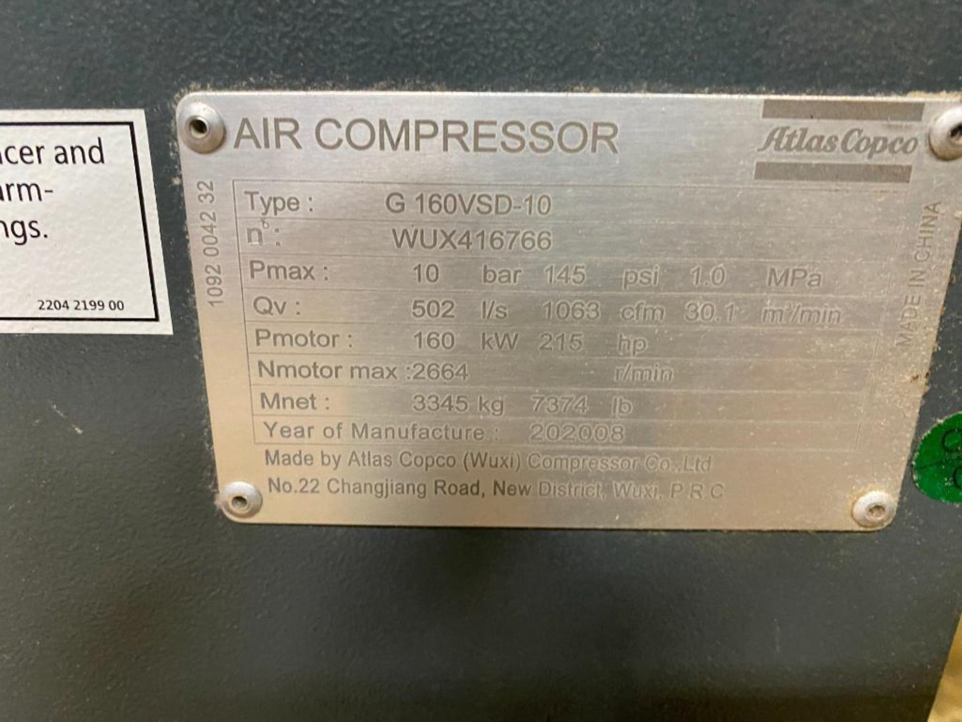 2020 Atlas Copco Air Compressor, Model G 160VSD-10, 215 HP, 145 Max. PSI - Image 2 of 3
