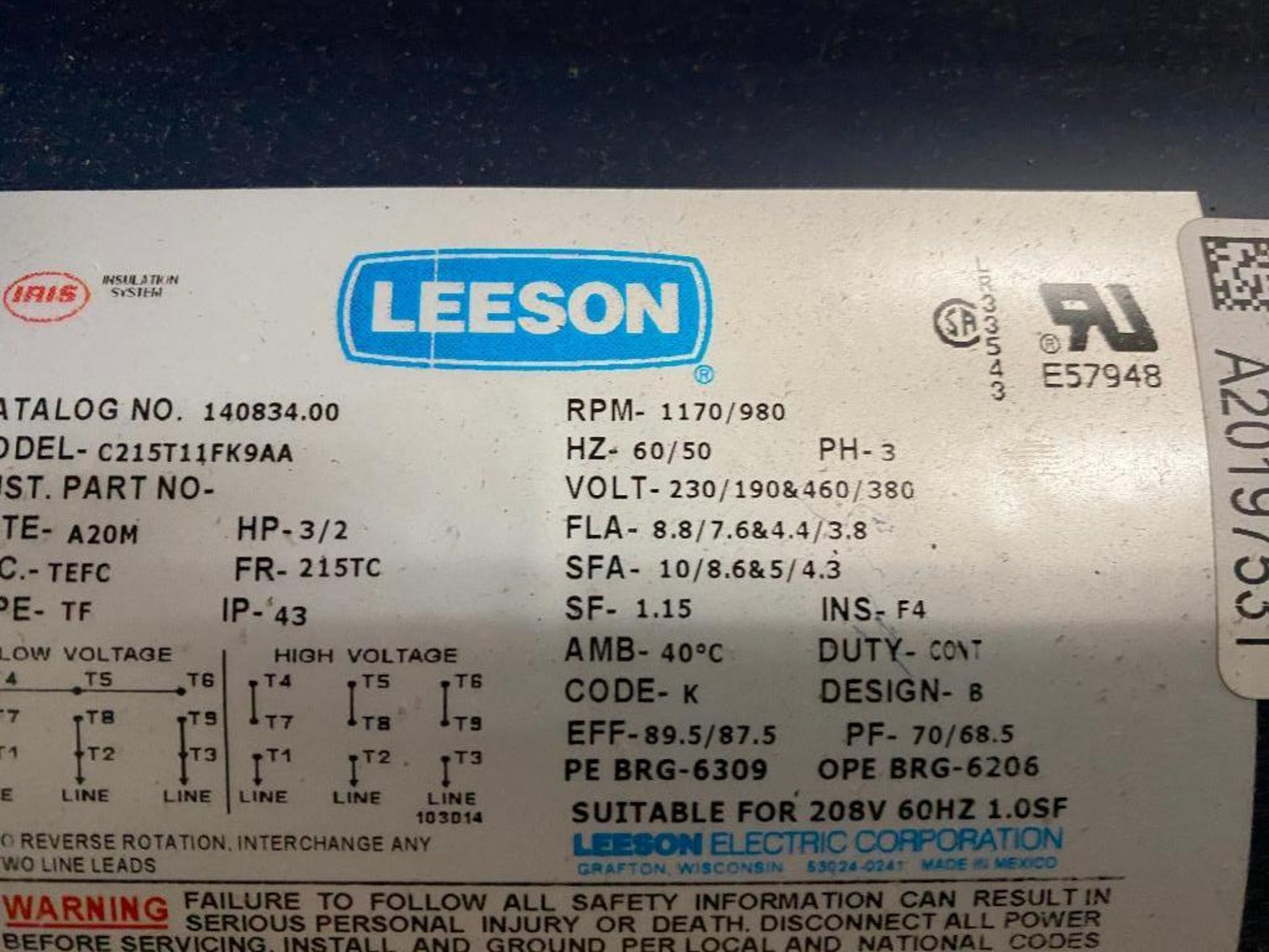 Leeson 3/2 HP Electric Motor, 230/190 & 460-380 V, 60/50 Hz, 3 PH, 1170/980 RPM, 215TC Frame - Image 2 of 2