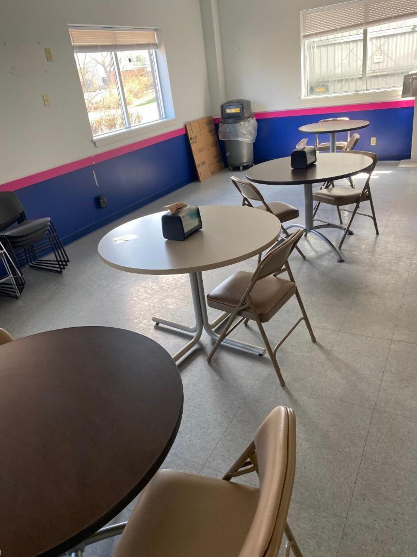 Contents of Break Room; (5) Tables, Approx. (20) Chairs, Trash Cans, & Shelf