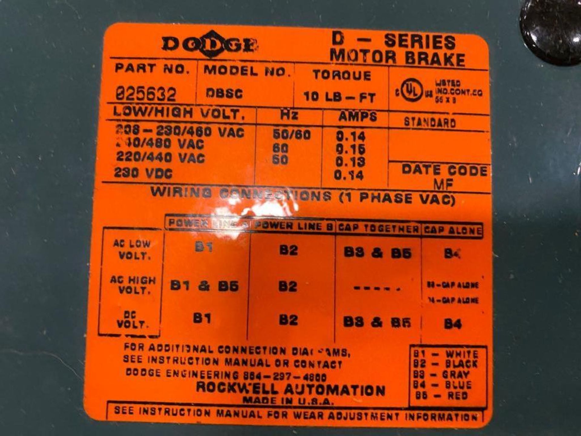 Dodge D-Series Motor Brake, 230/460 V, 50/60 Hz, 10 LB.-FT. Torque - Image 2 of 2