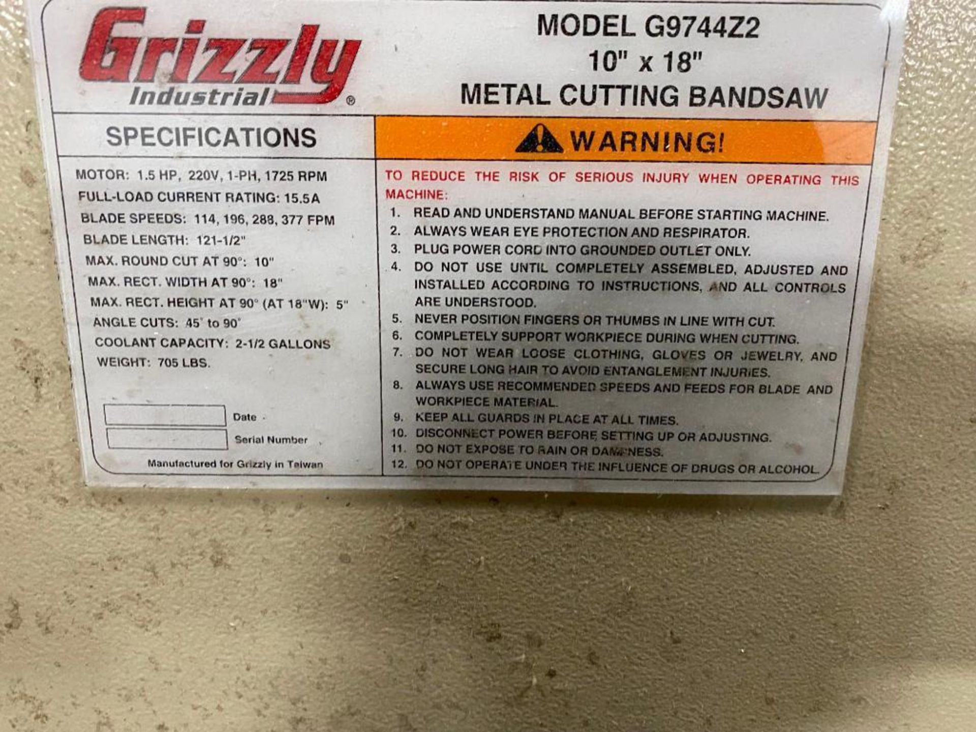 Grizzly Horizontal Band Saw, Model G9744Z2, 10" x 18" Metal Cutting Band Saw, 1.5 HP, 220 V, 1 PH, 1 - Image 3 of 3