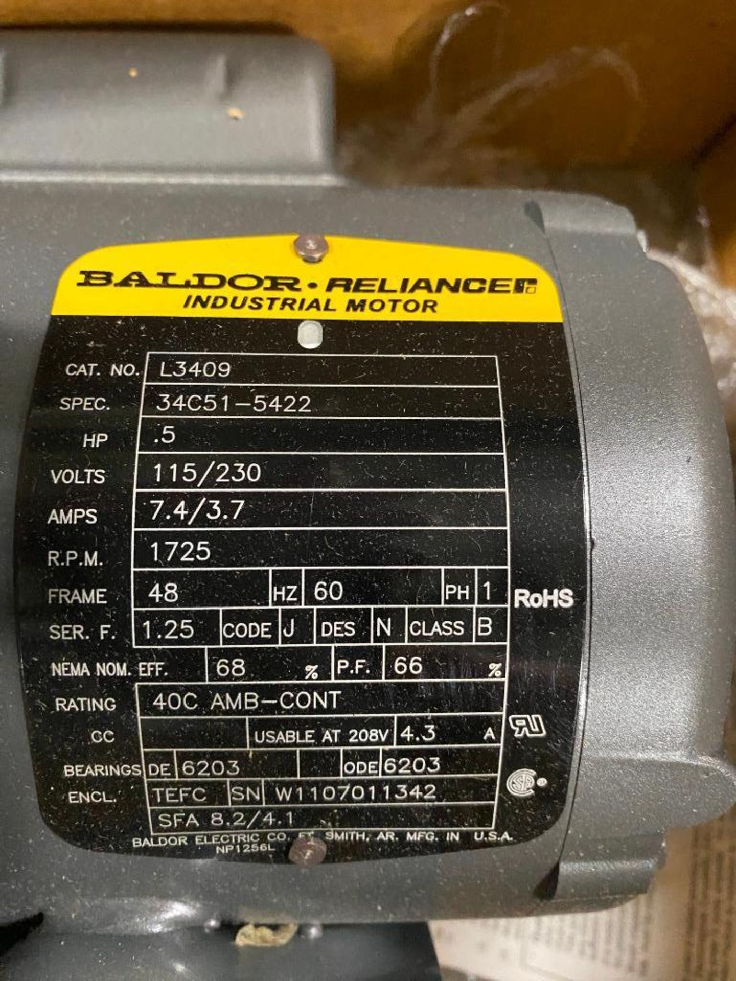 Baldor 1/2 HP Electric Motor, 115/230 V, 1725 RPM, 60 Hz, 48 Frame, 1 PH - Image 2 of 2