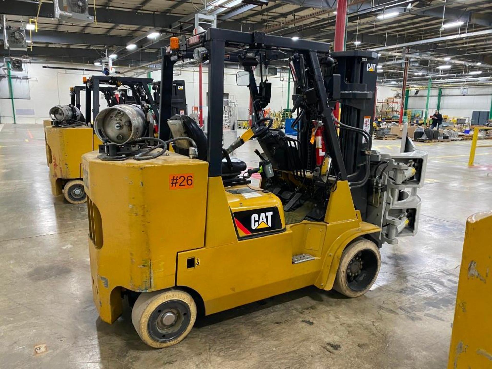 Caterpillar GC55K Forklift w/ Roll Clamp, S/N AT88B10163, 3-Stage Mast, Solid Non-Marking Tires, LP