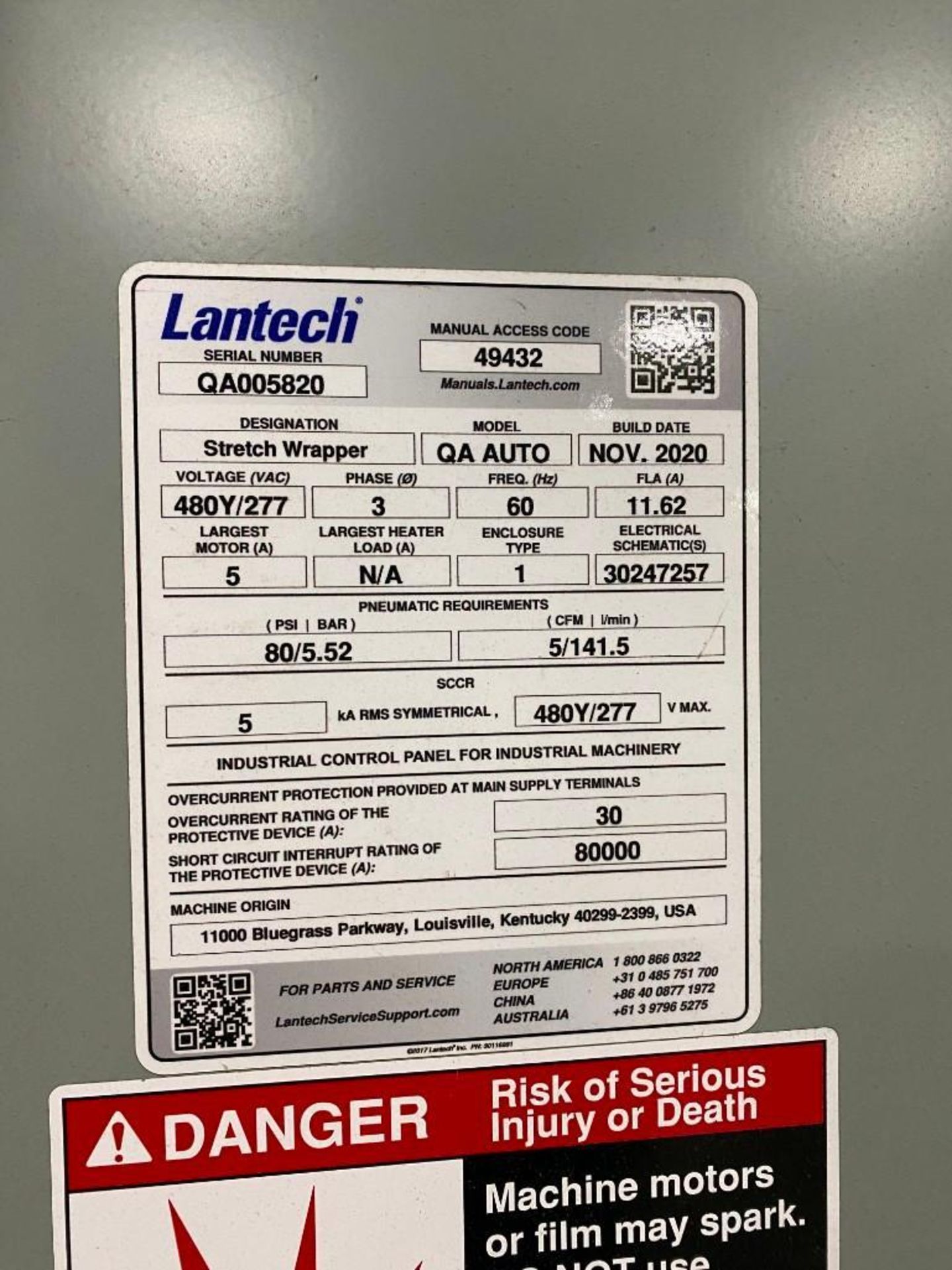 2020 Lantech Stretch Wrapper, w/ 52" Conveyors, Model QA AUTO, S/N QA005820, 480Y/277 V - Image 7 of 8