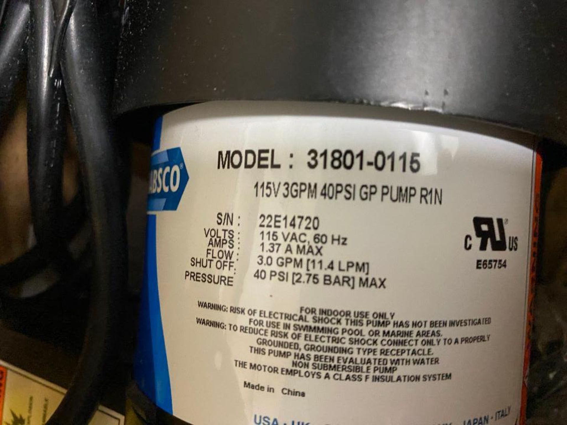 Jabsco Pump, Model 31801-0115, 115 V, 3 GPM, 40 PSI - Image 2 of 2