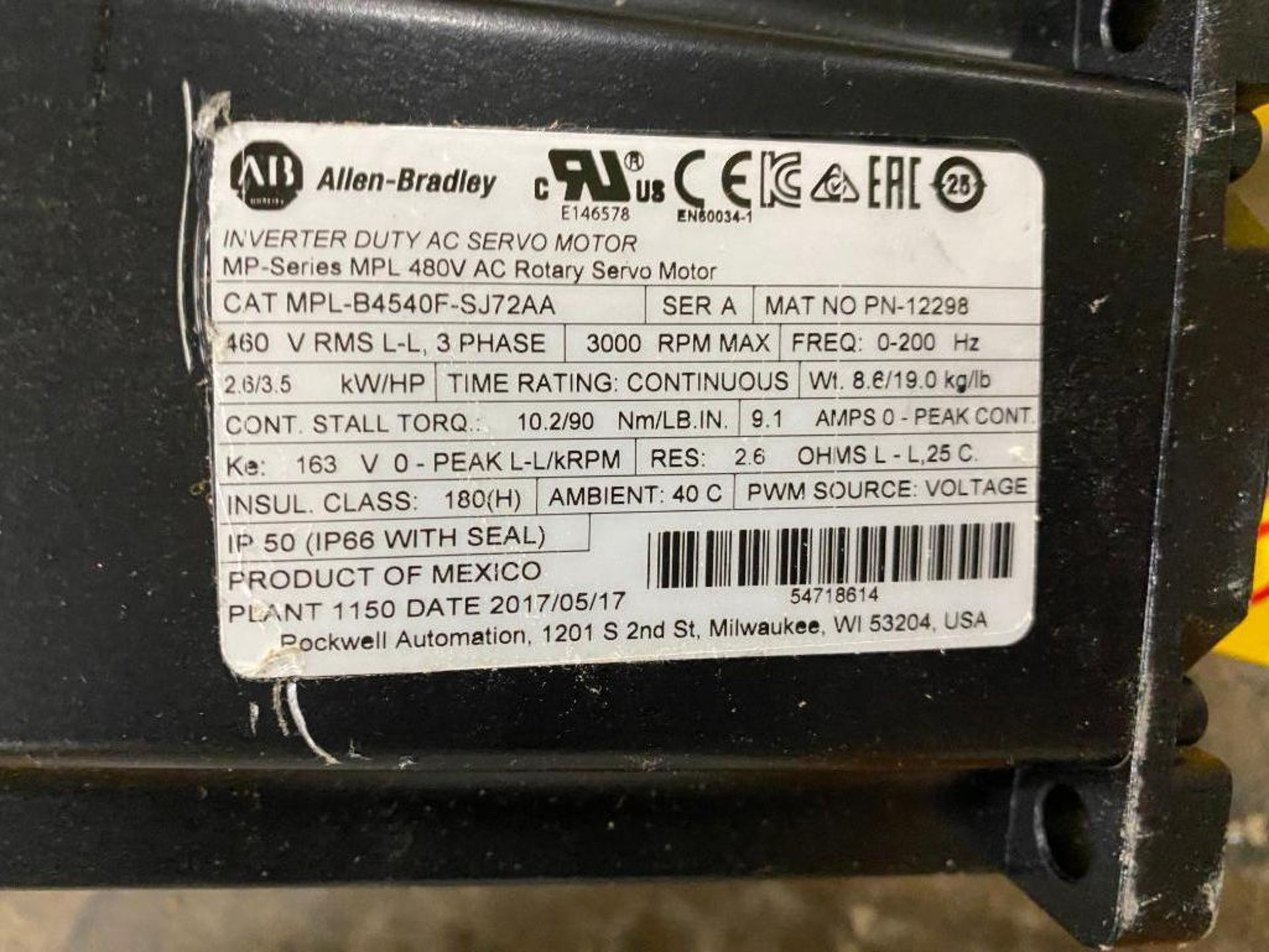 Allen Bradley Servo Motor, Cat No. MPL-B4540F-SJ72AA, 460 V, 3 PH - Image 2 of 2