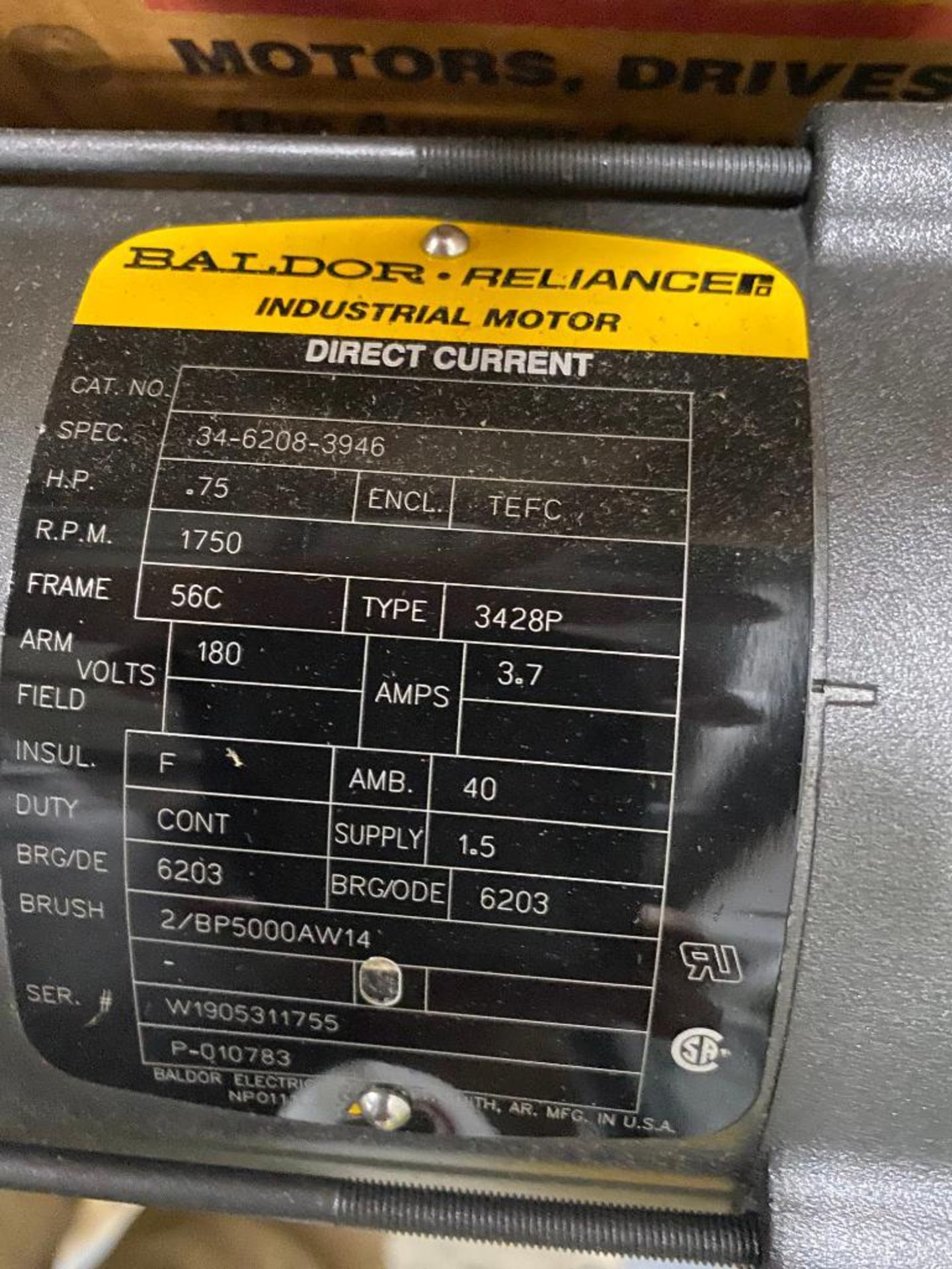 Baldor 3/4 HP Direct Current Electric Motor, 180 V, 1750 RPM, 56C Frame - Image 2 of 2