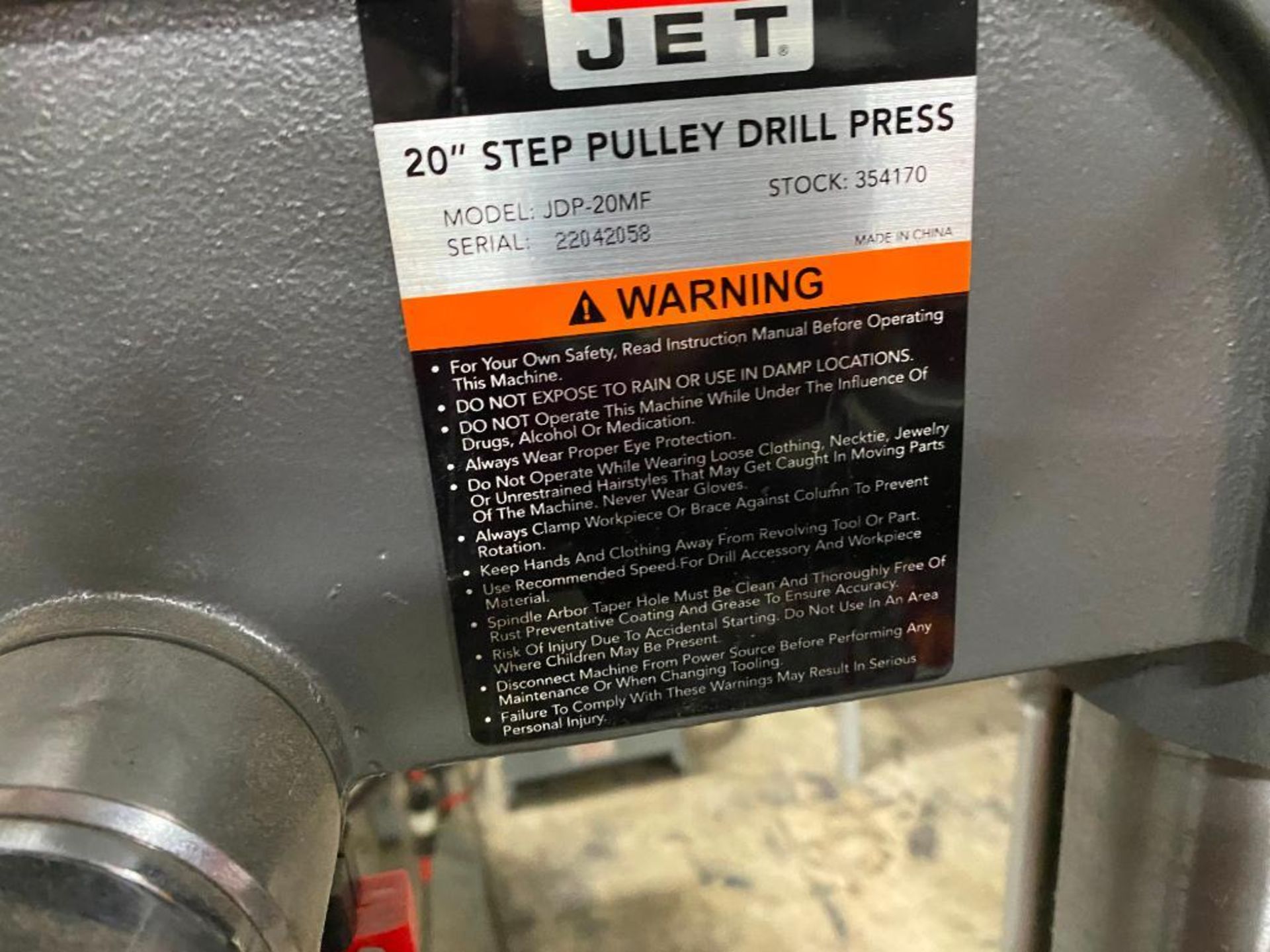Jet Drill Press, 20", Model JDP-20MF, S/N 22042058, 1-1/2 HP, 115/230 V, 5/8" Chuck, Variable Speed, - Image 2 of 2
