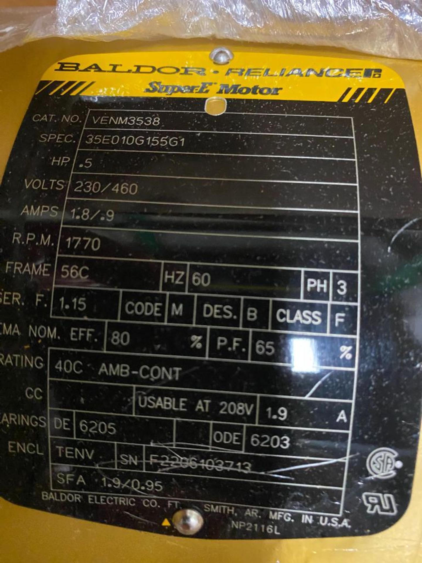 Baldor 1/2 HP Electric Motor, 230/460 V, 1770 RPM, 56C Frame, 60 Hz, 3 PH - Image 2 of 2
