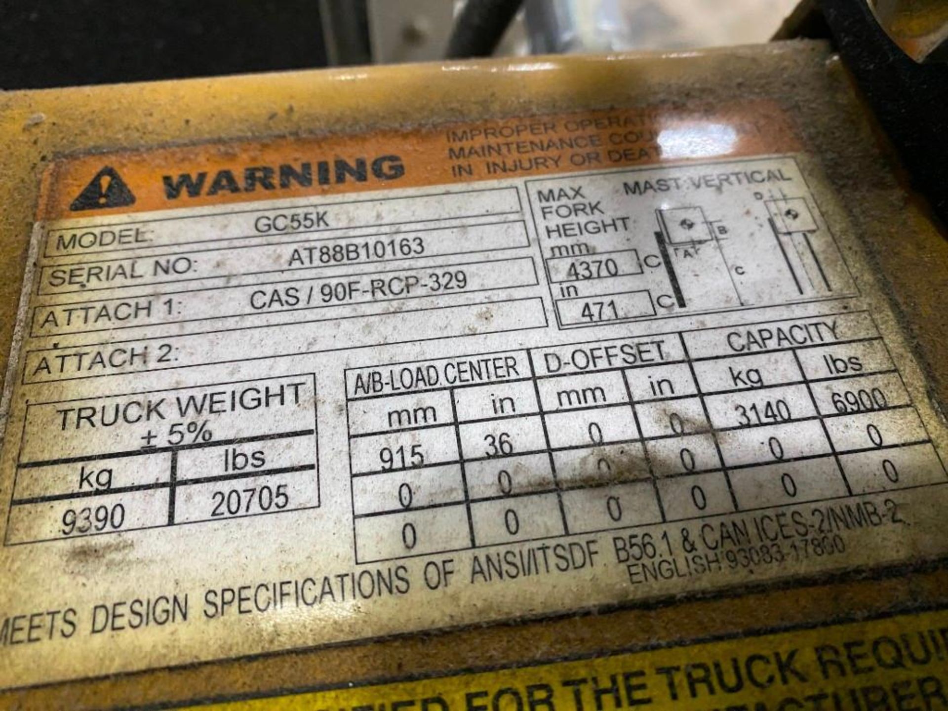 Caterpillar GC55K Forklift w/ Roll Clamp, S/N AT88B10163, 3-Stage Mast, Solid Non-Marking Tires, LP - Image 6 of 6