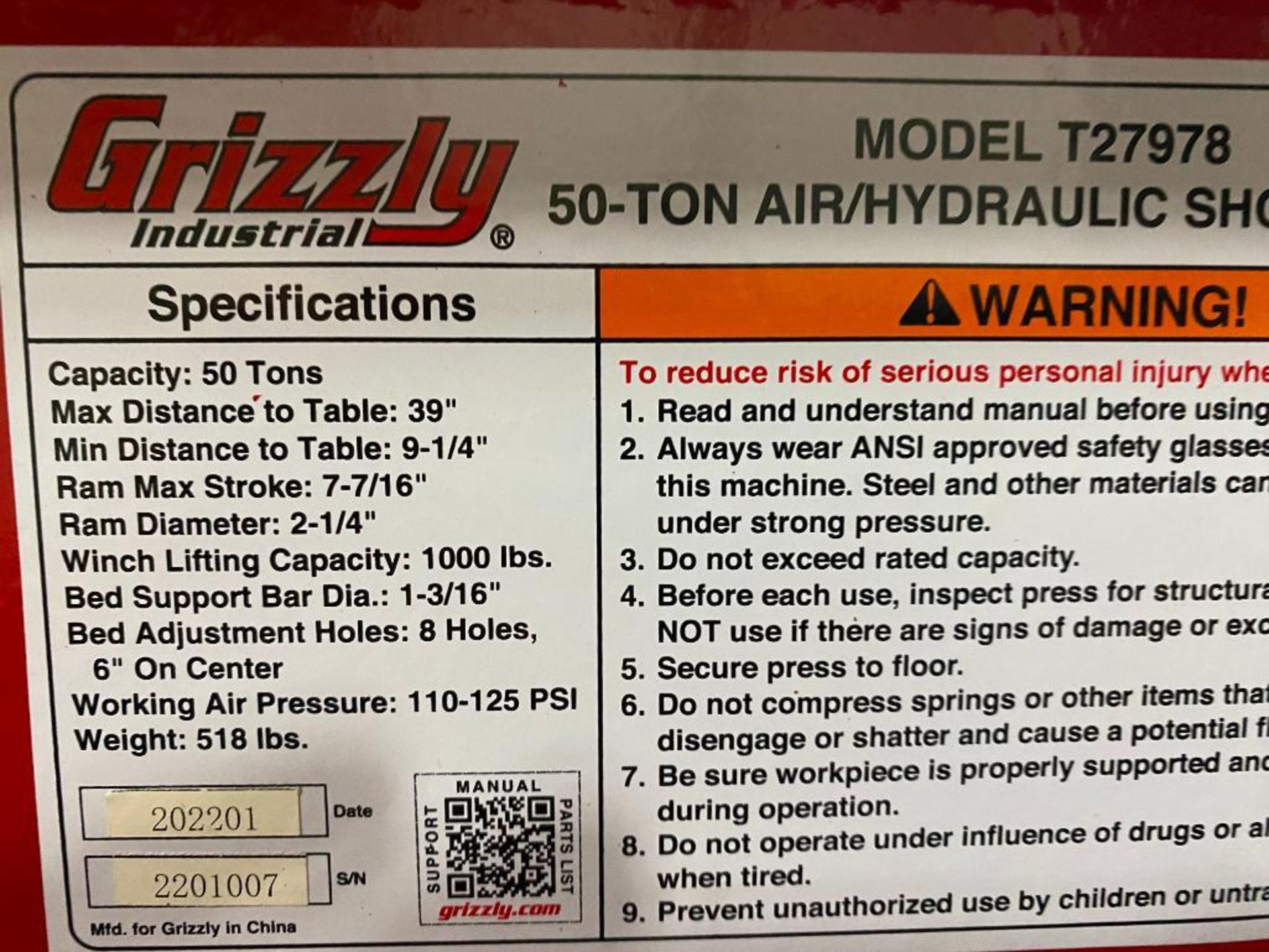 2022 Grizzly 50-Ton Air/Hydraulic H-Frame Shop Press, Model T27978, S/N 2201007 - Image 2 of 2