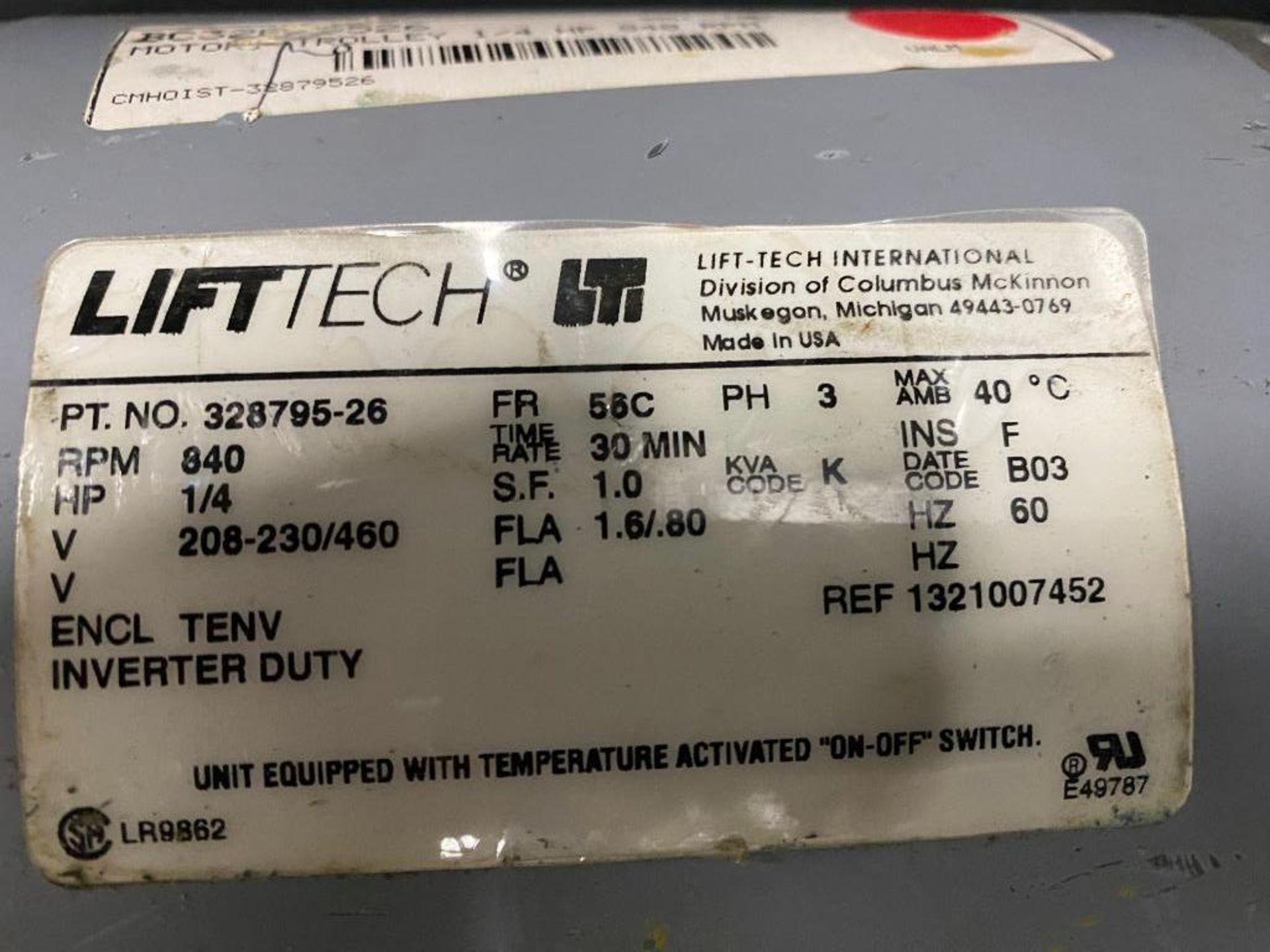 LiftTech 1/4 HP Electric Motor, 208-230/460 V, 840 RPM, 56C Frame, 60 Hz - Image 2 of 2