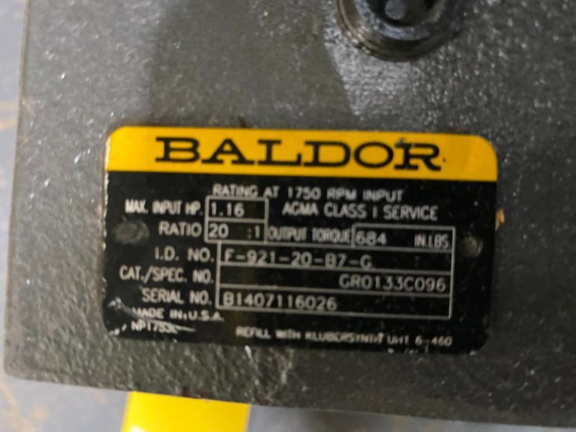 Baldor Gear Reduction Box, Ratio: 20:1, S/N B1407116026, ID No. F-921-20-B7-G - Image 2 of 2