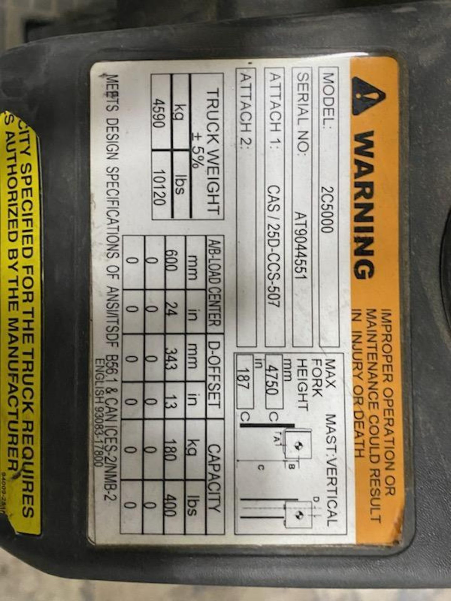 Caterpillar 2C5000 Forklift w/ Box Clamp, S/N AT9044551, 3-Stage Mast, Solid Non-Marking Tires, LP G - Image 5 of 6