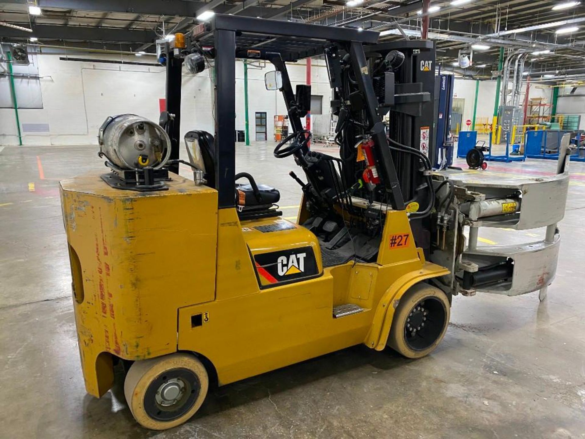 Caterpillar GC55K Forklift w/ Roll Clamp, S/N AT88A30678, 3-Stage Mast, Solid Non-Marking Tires, LP