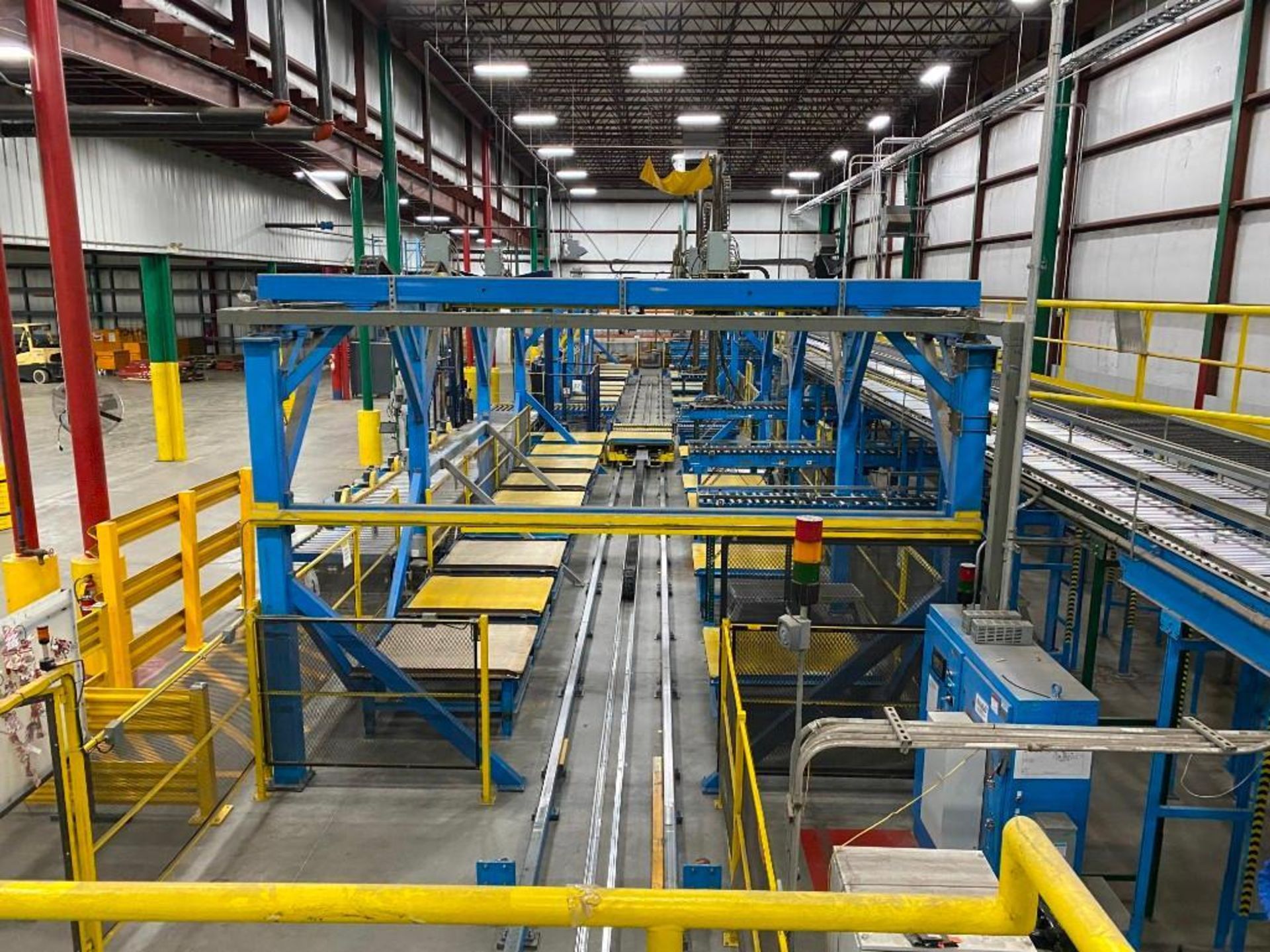 Accu-Lift Gantry Palletizer / Packager w/ Lantech Stretch Wrapper, (30) Conveyor Work Platforms, 49"