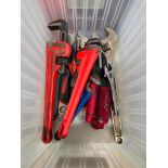 Tote of Pipe Wrenches, Crecent Wrenches, Multi-Cutter, & Misc.