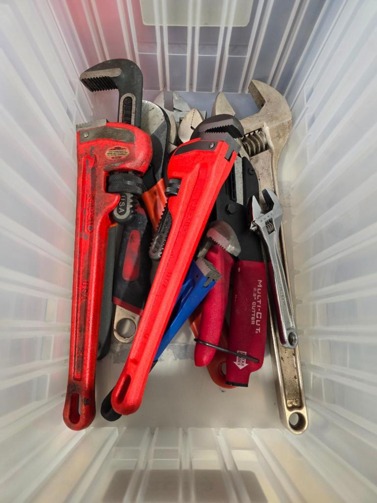 Tote of Pipe Wrenches, Crecent Wrenches, Multi-Cutter, & Misc.