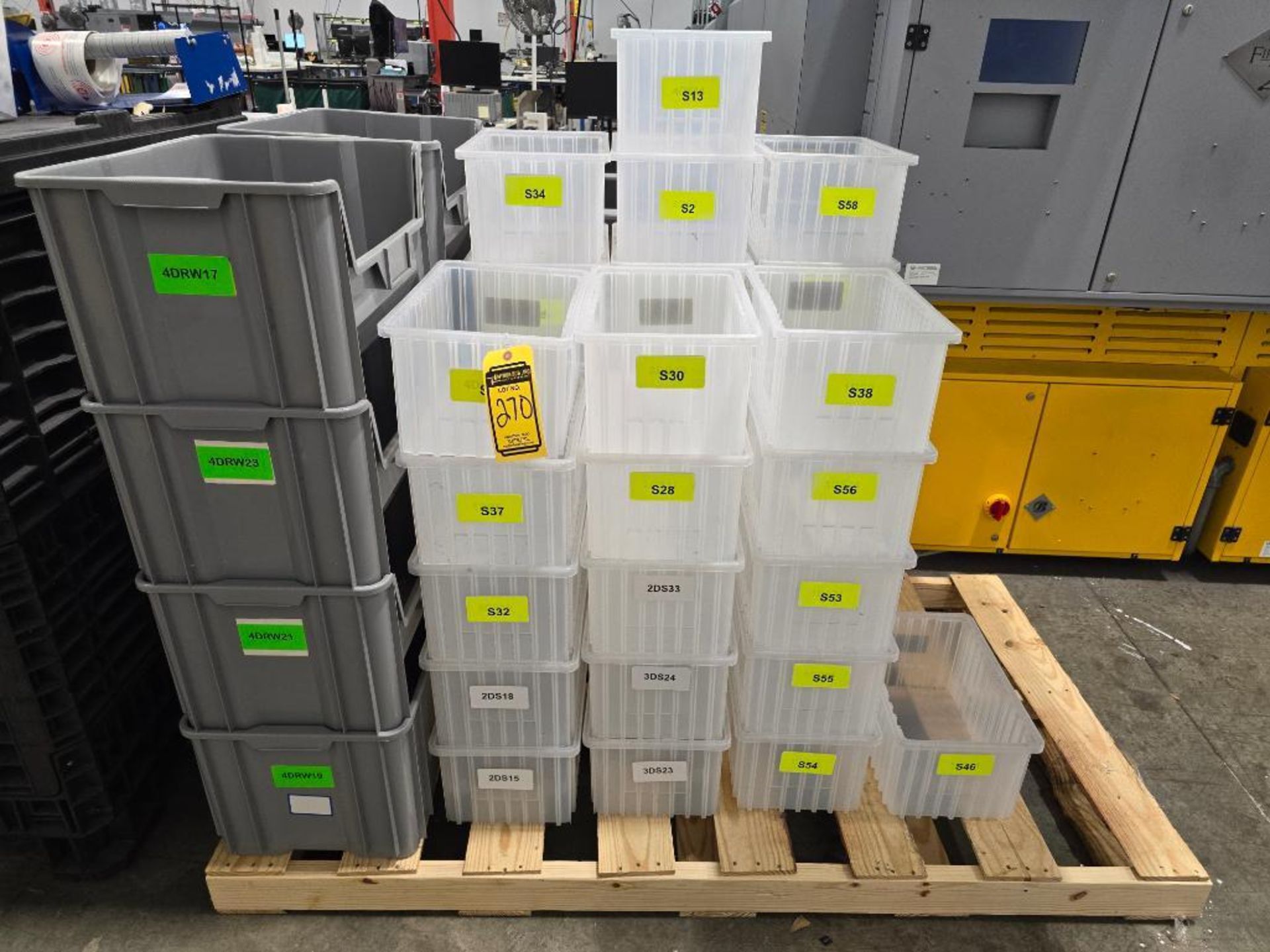 Pallet of Plastic Bins, 18" X 13" X 12"T, & Clear Plastic Bins, 16" X 10" X 8"T