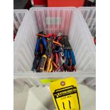 Tote of Channel Locks, Wire Strippers, Needle Nose Pliers, Pliers, & Assorted