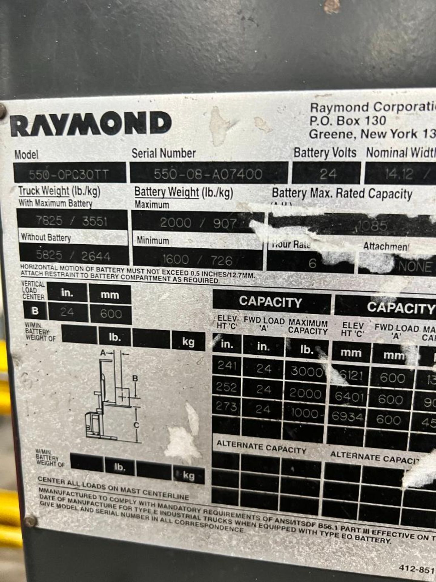 Raymond 3,000 LB. Order Picker, Model 550-OPC30TT, S/N 550-08-A0744, HD Hours 13,367 ***Buyer is Res - Image 3 of 3