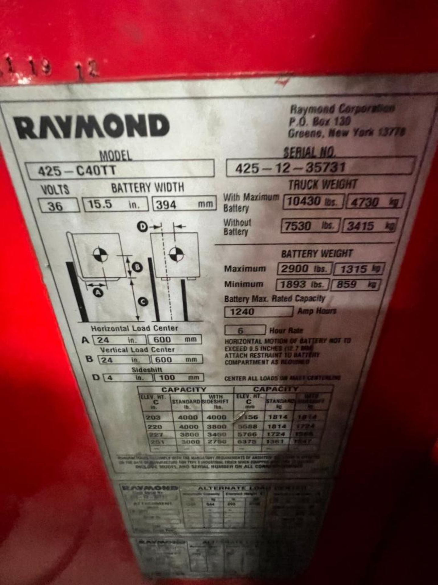 Raymond 4,000 LB. Stand-Up Forklift, Side Shift, Model 425- C40TT, S/N 425-12-35731, HD Hours 8,966 - Image 6 of 6