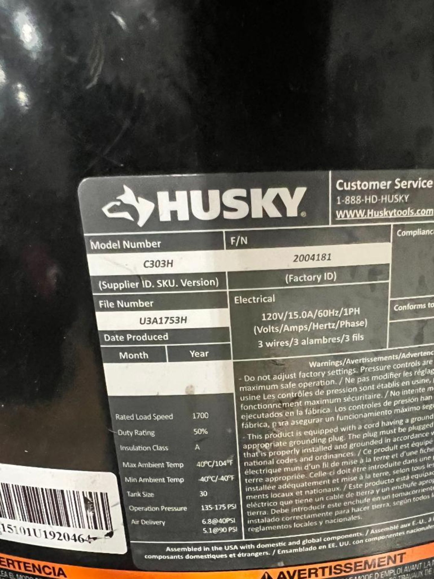 Husky 30-Gallon Air Compressor, 175 PSI, 1.7 HP, Model C303H, S/N 2004181 - Bild 5 aus 5