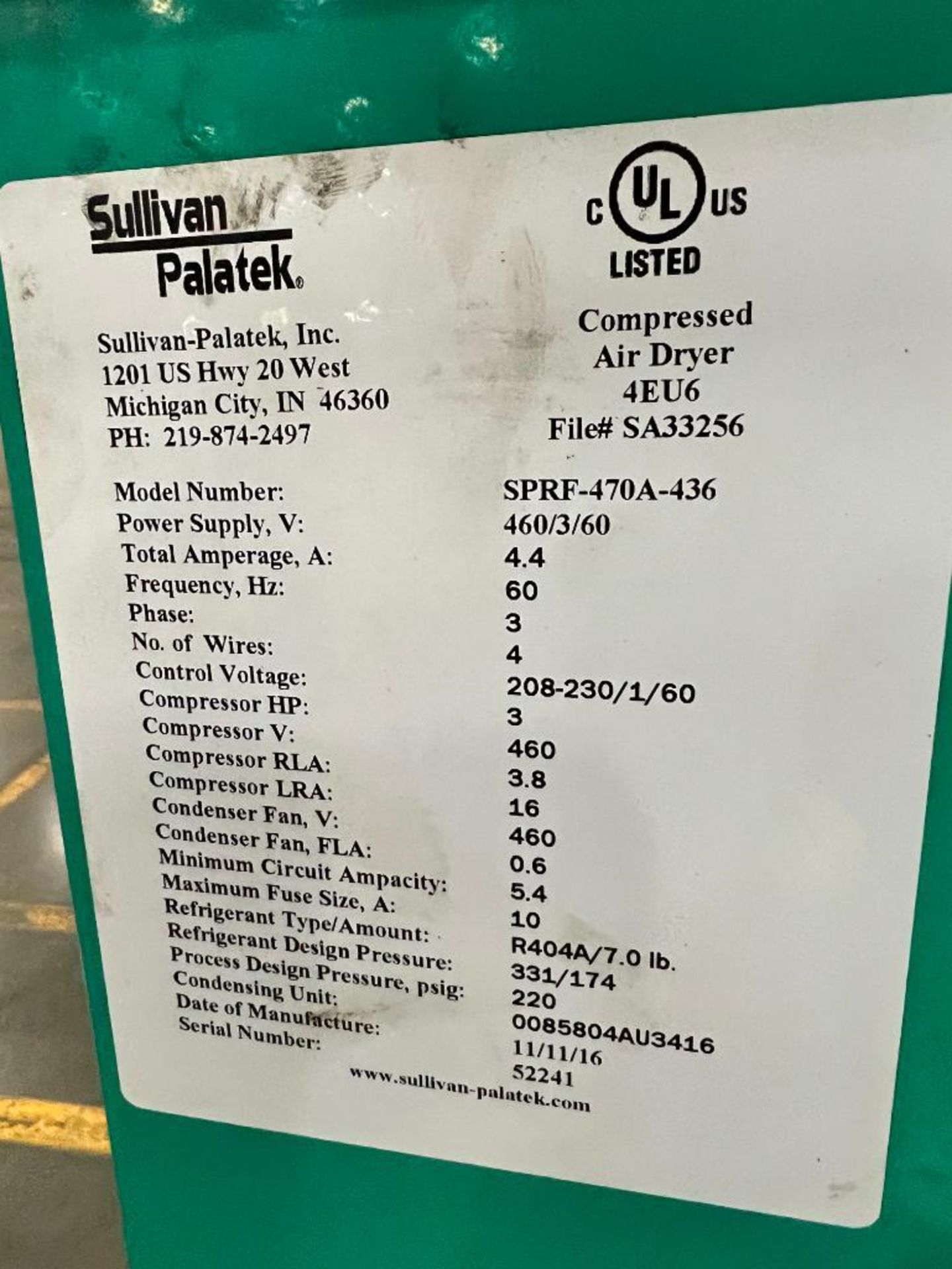 2016 Sullivan-Palatek Compressed Air Dryer, 4EU6, Model SPRF-470A-436 ($25 Loading fee will be added - Image 4 of 4