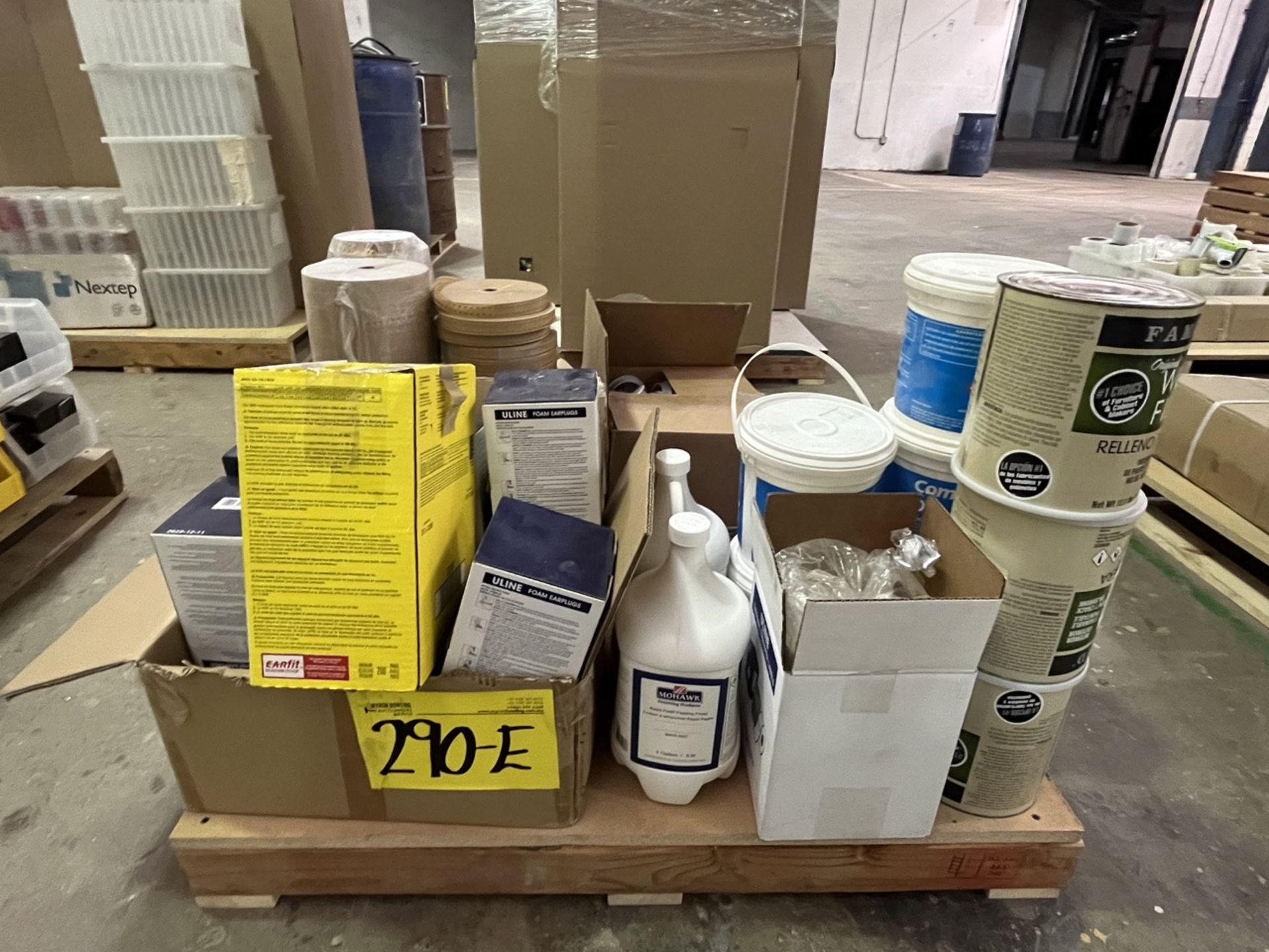 (NEW) Pallet with diverse feedstock contains: 5 gallons of drywall filler, 3 gallons of wood fille