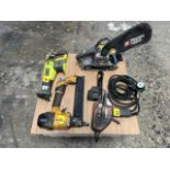 Lot of 4 pieces contains: 1 Porter electric sander with dust collector; 1 Ryobi wood saw without ba