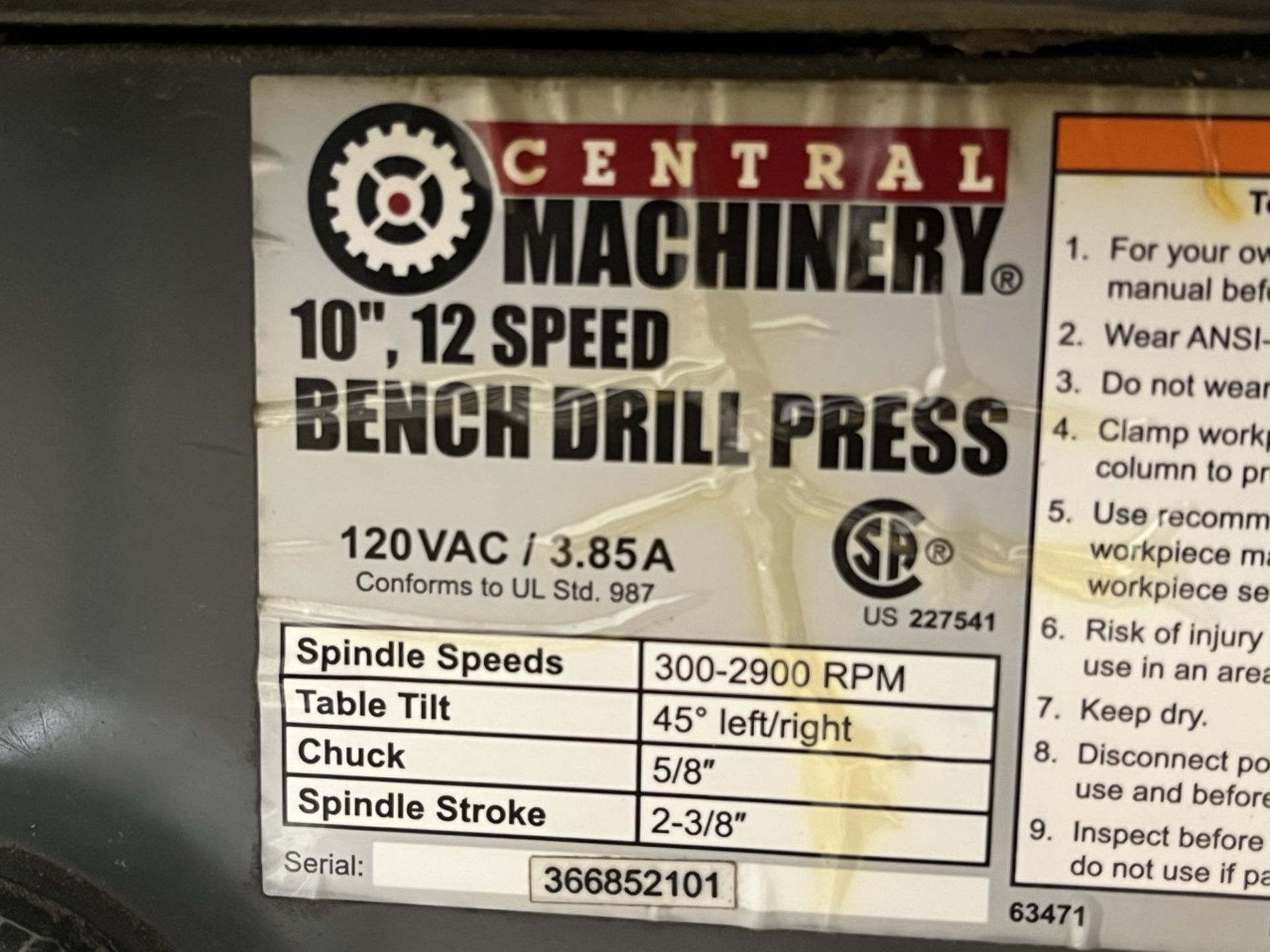 Central Machinery 12-speed radial bench drill, Model ND, Serial No. 366852101, 120V. / Taladro radi - Image 7 of 9