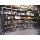 Metal rack measuring approximately 3,10 x 0,46 m, includes contents (Morbidelli, Shoda and Olimpic