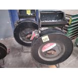 2 strapping machines for metal strapping with wheels; includes accessories for stretching, clamps a