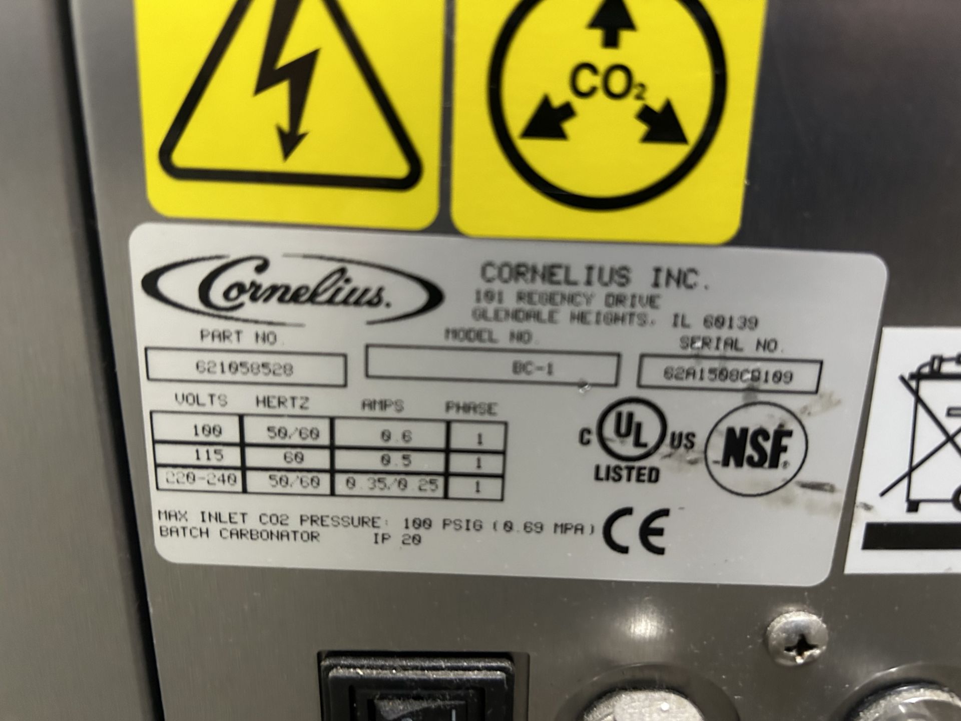 1 Gasificadora Marca CORNELIUS, Modelo BC-1, Serie 62A1504CB159, 100-115-220-240V, 50/60Hz (Equipo - Image 4 of 5