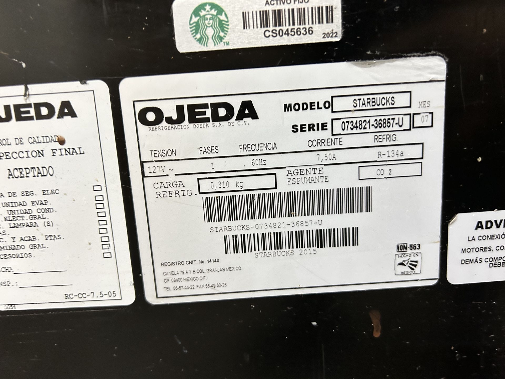 Lote de 1 vitrina refrigerada con vidrio templado Marca OJEDA, Modelo STARBUCK , Serie 36857-U, Med - Image 5 of 5