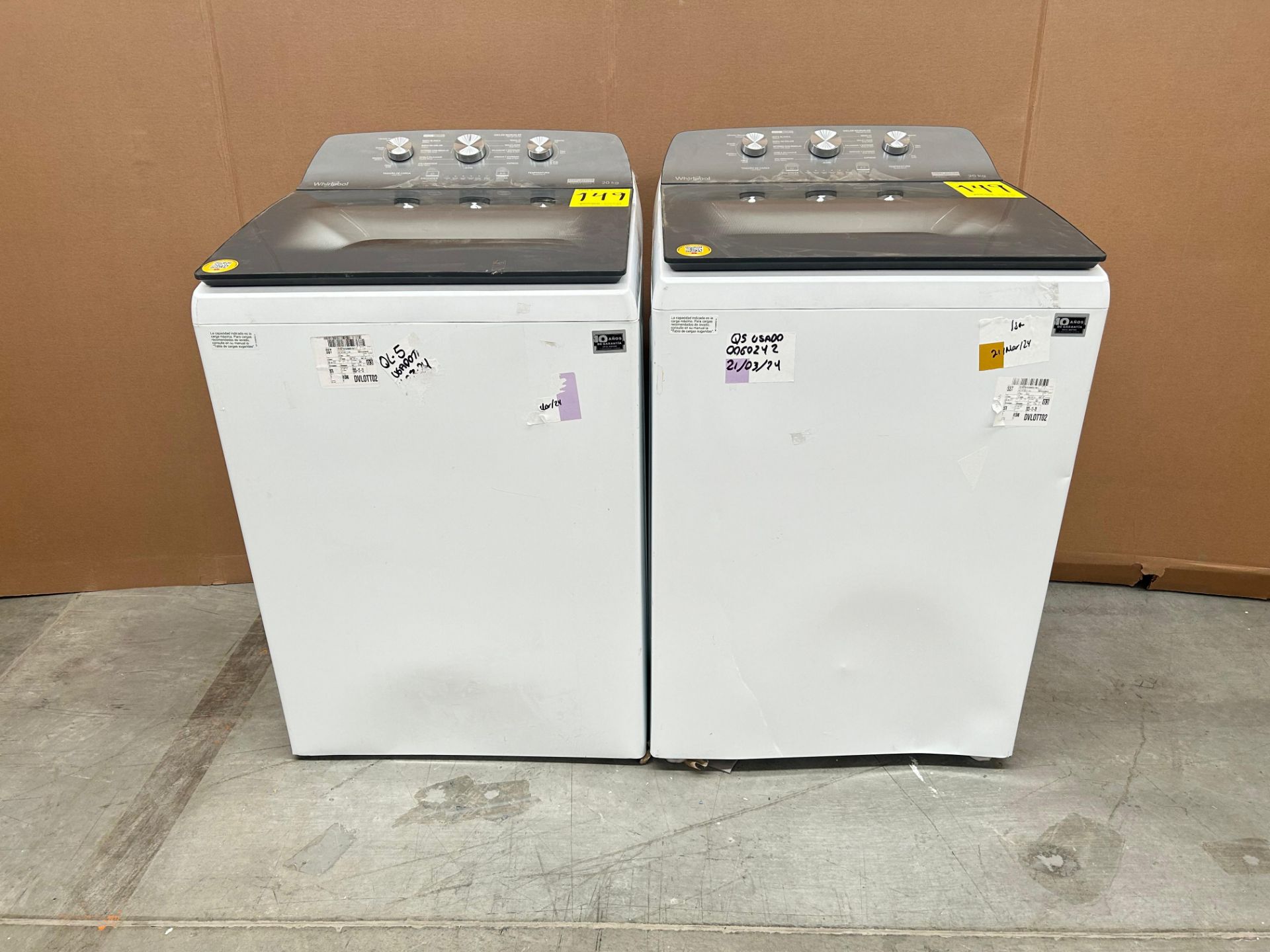 Lote de 2 lavadoras contiene: 1 Lavadora de 20 KG Marca WHIRPOOL, Modelo 8MWTW2024WPM0, Serie 83782