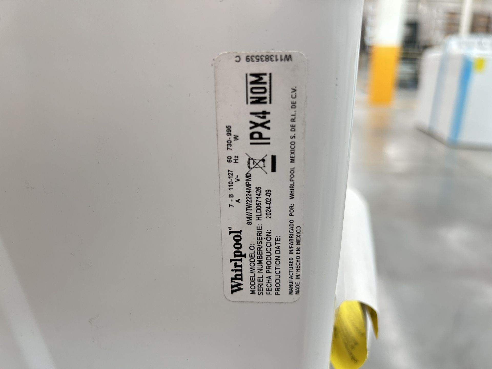 Lavadora de 22 Kg Marca WHIRLPOOL, Modelo 8MWTW2224PMM0, Serie 714265, Color BLANCO (Equipo de devo - Image 6 of 8