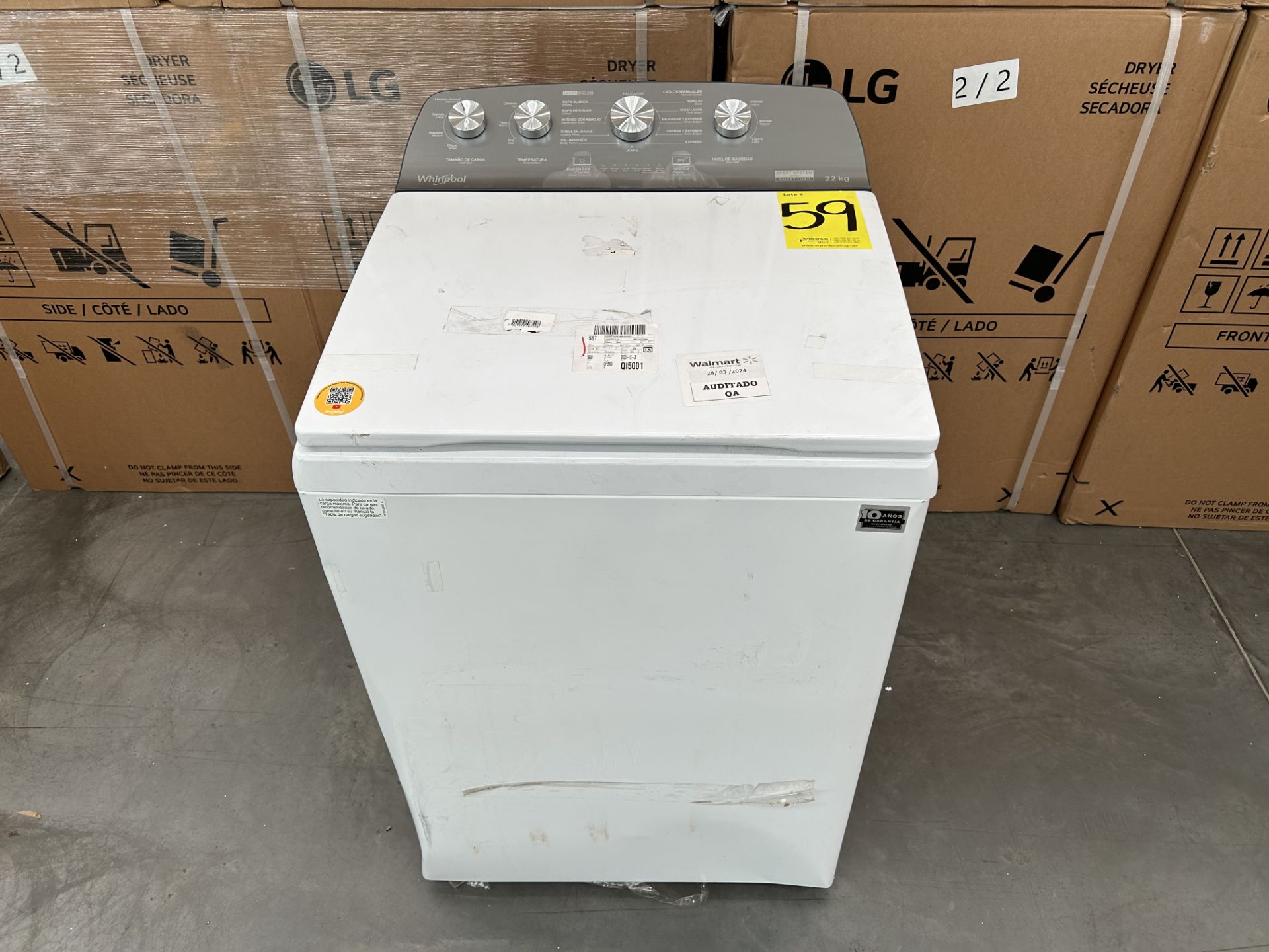 Lavadora de 22 Kg Marca WHIRLPOOL, Modelo 8MWTW2224PMM0, Serie 322565, Color BLANCO (Equipo de devo - Image 4 of 8