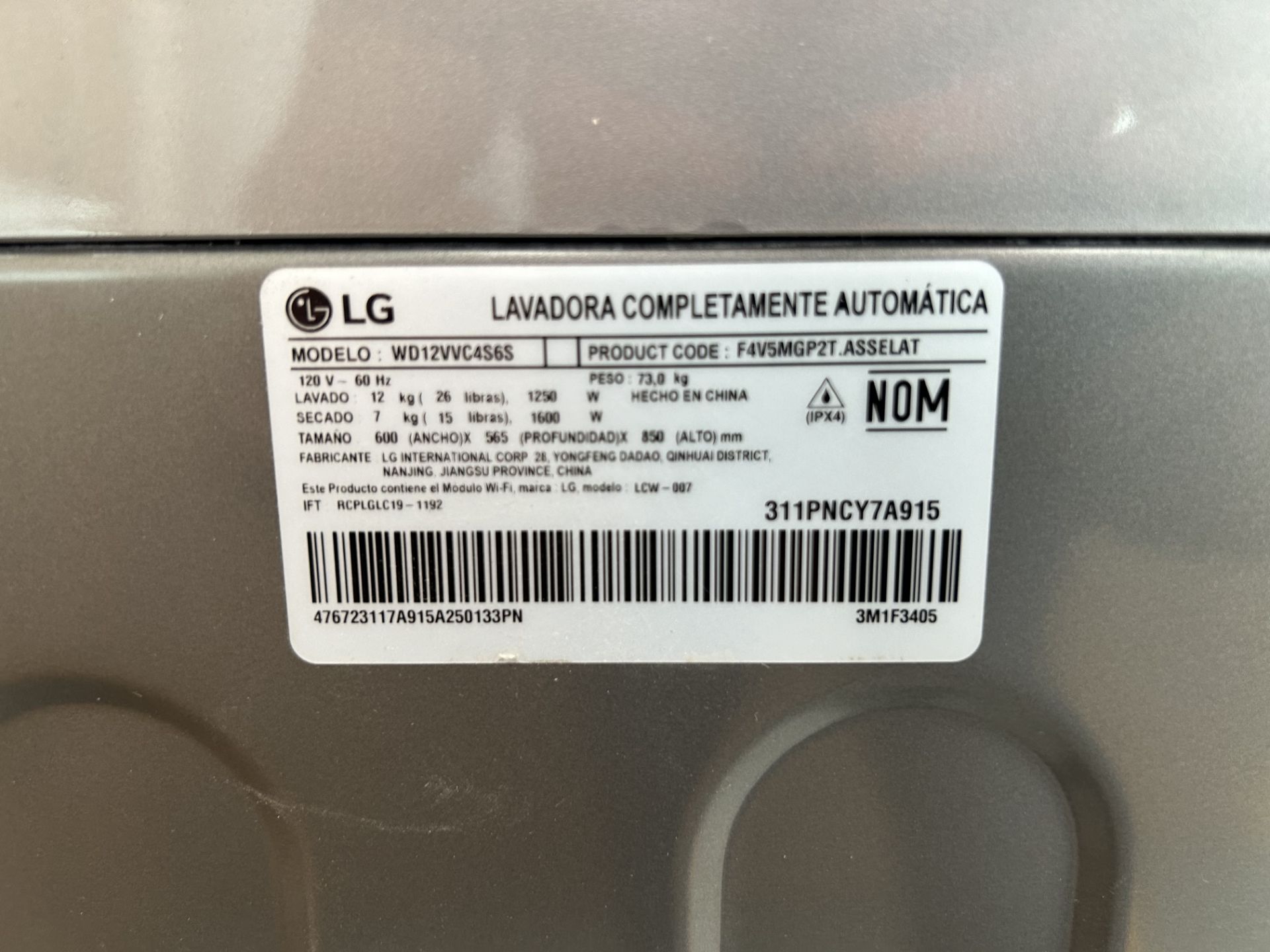 Lavasecadora de 12/7 Kg Marca LG, Modelo WD12VVC4S6S, Serie Y7A915, Color GRIS (Equipo de devolució - Image 6 of 8