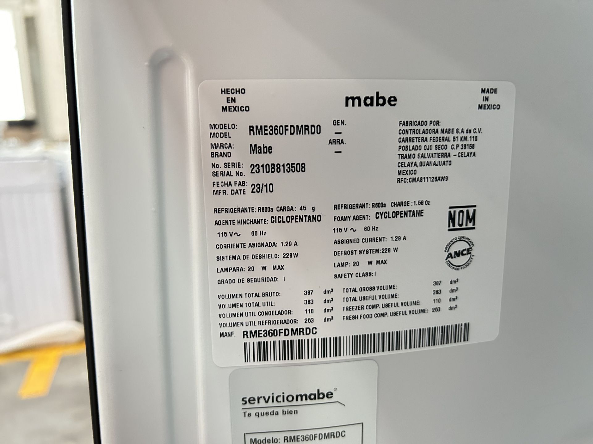 Refrigerador con dispensador de agua Marca MABE, Modelo RME360FDMRD0, Serie 813508, Color GRIS (Equ - Image 5 of 7
