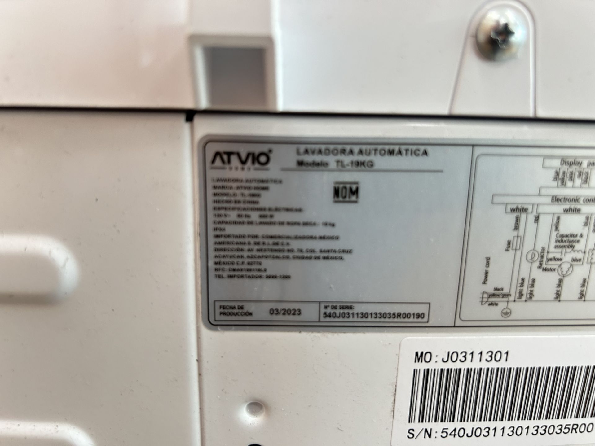 Lavadora de 19 Kg Marca ATVIO, Modelo TL19KG, Serie R00190, Color BLANCO (Equipo de devolución) - Bild 6 aus 9