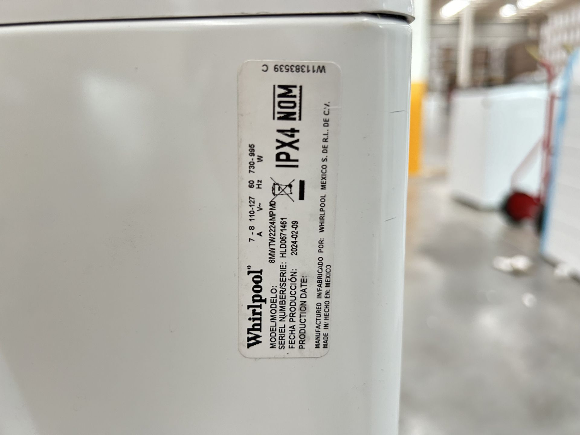 Lavadora de 22 Kg Marca WHIRLPOOL, Modelo 8MWTW2224MPM0, Serie 671461, Color BLANCO (Equipo de devo - Image 6 of 8