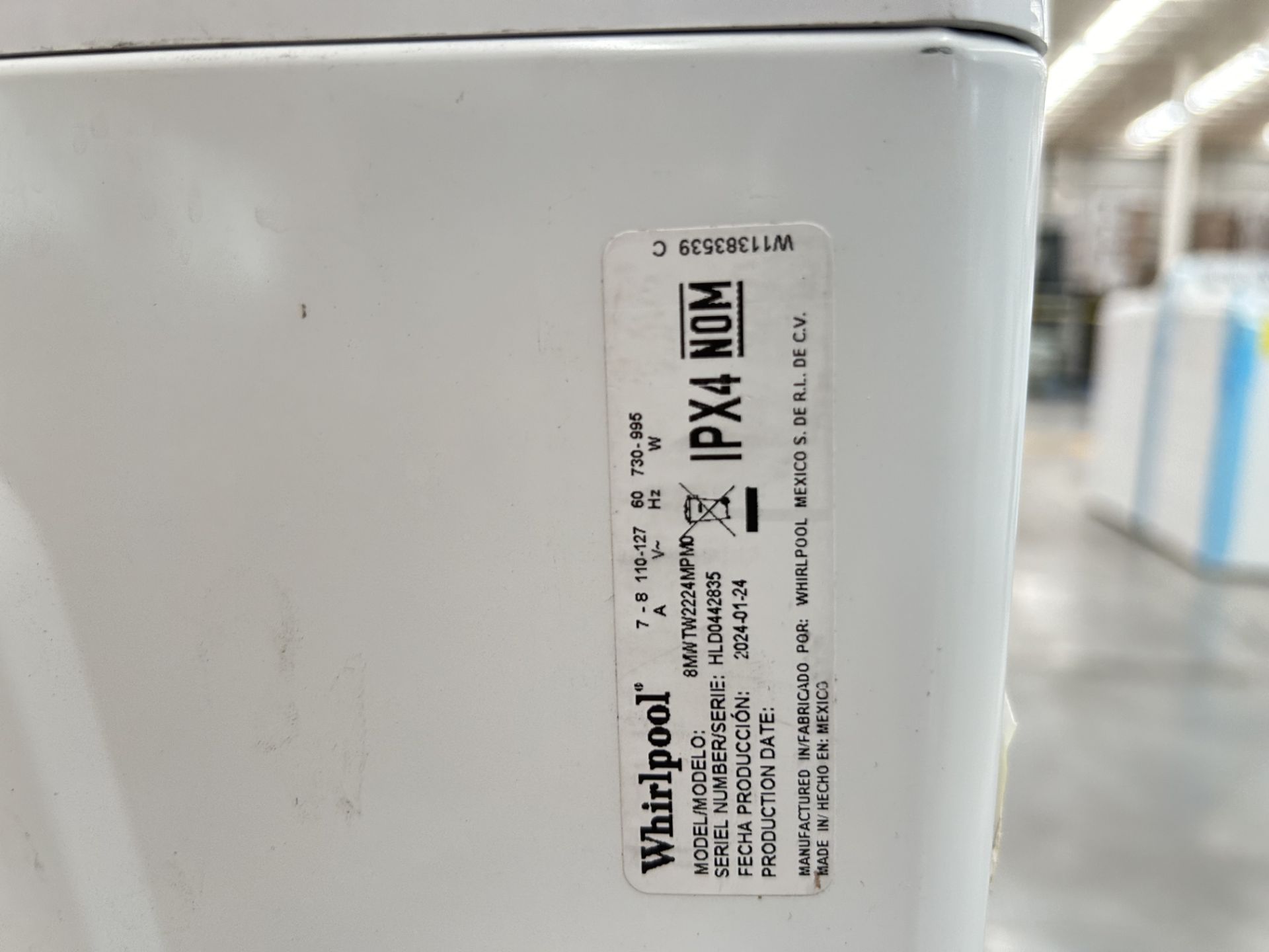 Lavadora de 22 Kg Marca WHIRLPOOL, Modelo 8MWTW2224PMM0, Serie 442835, Color BLANCO (Equipo de devo - Image 6 of 8