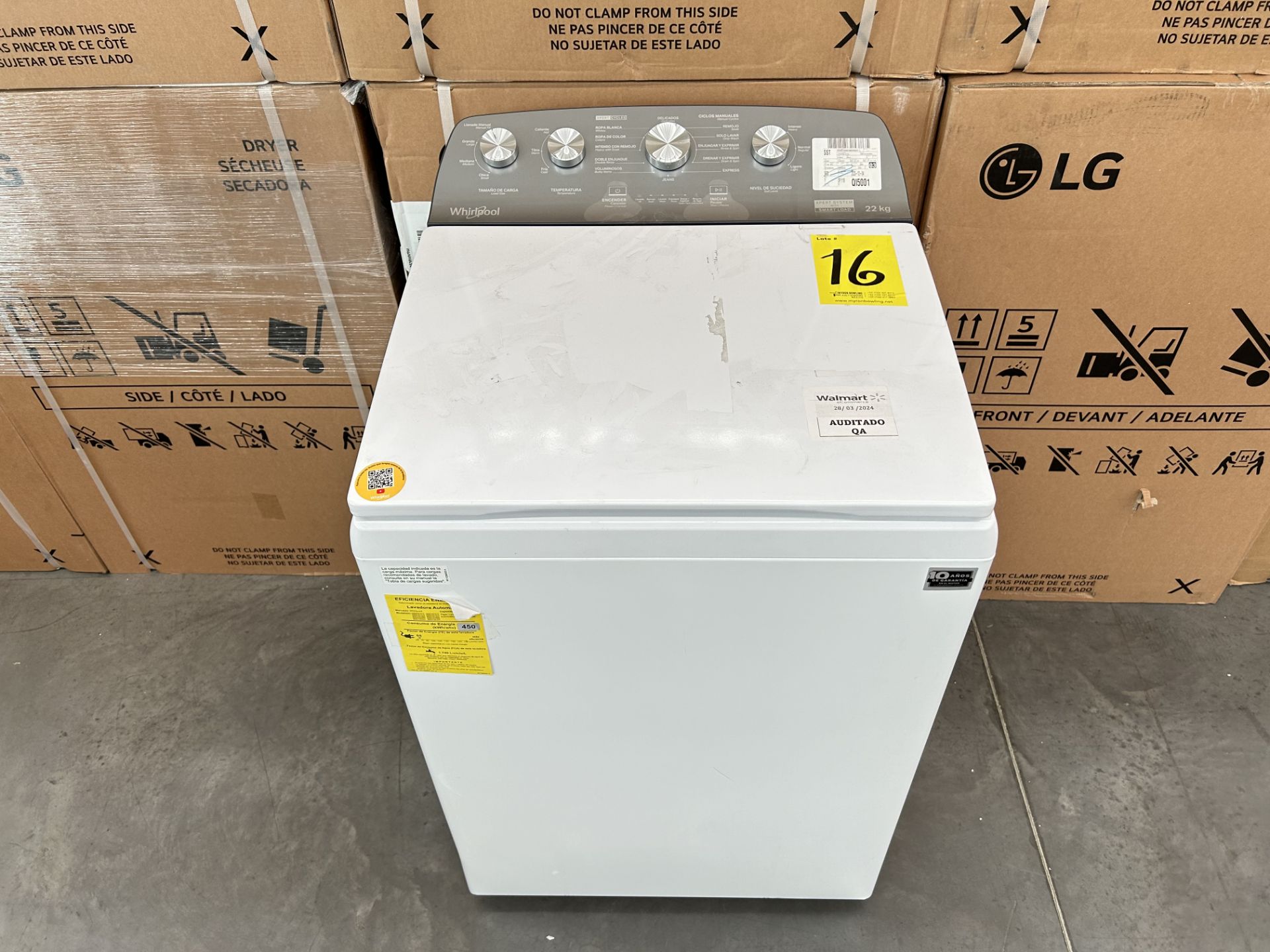 Lavadora de 22 Kg Marca WHIRLPOOL, Modelo 8MWTW2224PMM0, Serie 443467, Color BLANCO (Equipo de devo - Image 4 of 8