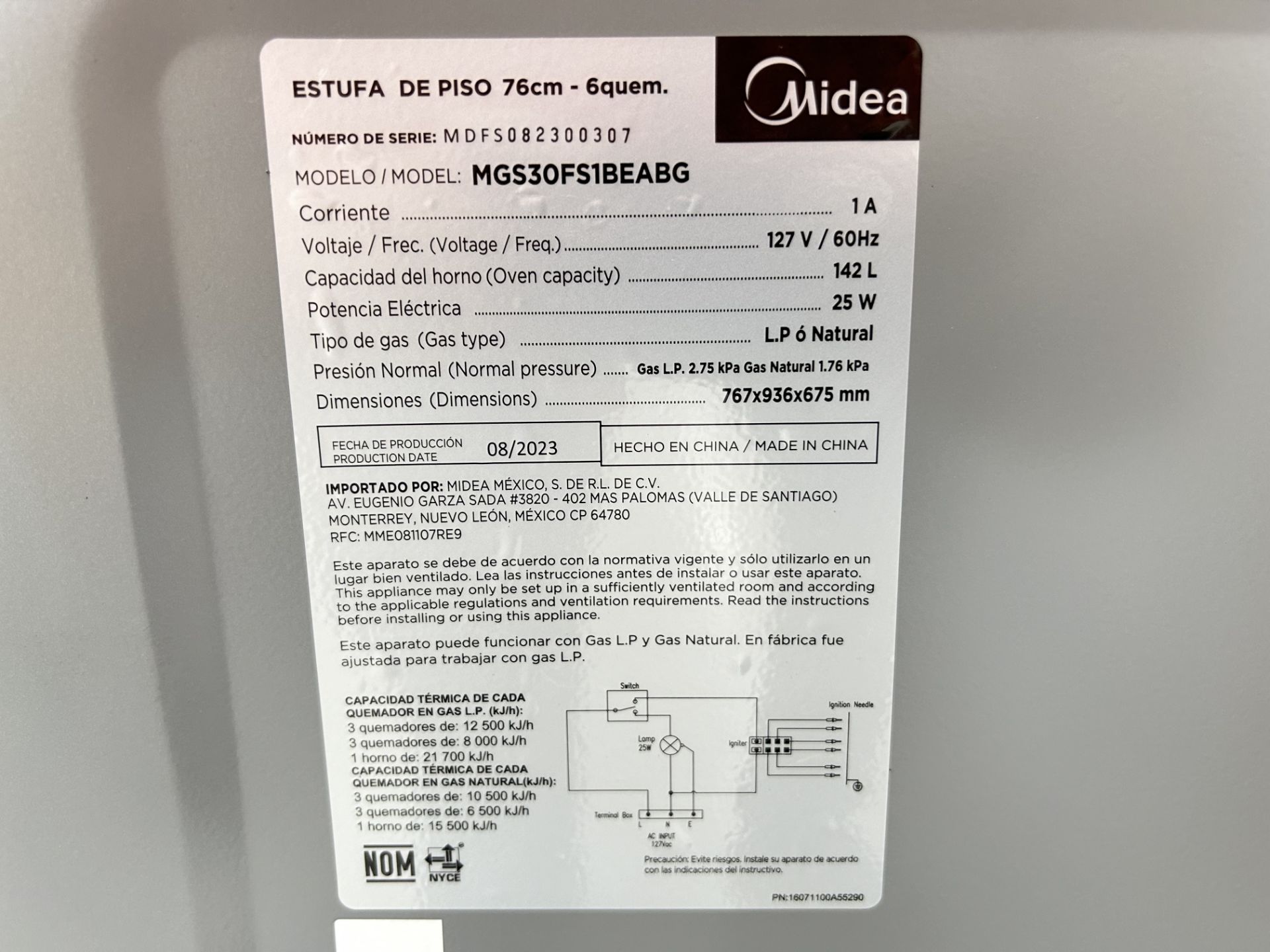 Estufa de 6 Quemadores Marca MIDEA Modelo MGS30FS1DBEABG, Serie 300307, Color GRIS (Equipo de devol - Image 6 of 8